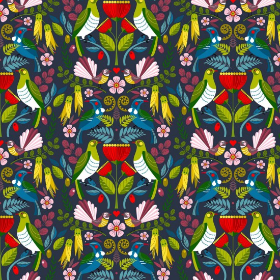 Folk Tails Birds On Navy Folk Tails Birds On Navy